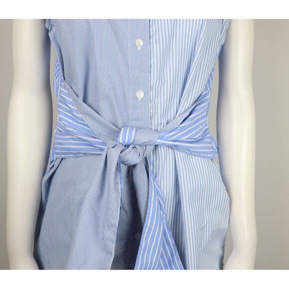 WOMEN'S BLUE STRIPED SLEEVELESS BELTED SHIRT DRESS - TRUE DESTINY - SIZE M - Picture 4 of 9